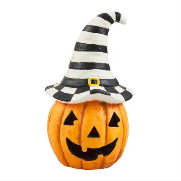 Pumpkin with Striped Witch Hat Paper Maché Lantern - Picture 1 of 3